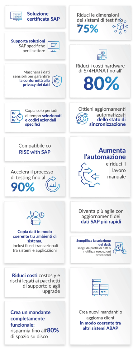 Soluzione certificata SAP.Supporta soluzioni SAP specifiche per il settore Maschera i dati sensibili per garantire la conformità alla privacy dei dati.Copia solo periodi di tempo selezionati e codici aziendali specifici.Riduci le dimensioni dei sistemi di test fino al 75%.Riduci i costi hardware di S/4HANA fino all'80%.Ottieni aggiornamenti automatizzati dello stato di sincronizzazione.Compatibile con RISE with SAP Accelera il processo di testing fino al 90%.Copia dati in modo coerente tra ambienti di sistema, inclusi flussi transazionali tra sistemi e applicazioni.Aumenta l'automazione e riduci il lavoro manuale.Diventa più agile con aggiornamenti dei dati SAP più rapidi.Semplifica la selezione dei dati: scegli da profili di dati o riutilizza esecuzioni precedenti.Riduci costi e rischi legati ai pacchetti di supporto e agli upgrade.Crea un mandante completamente funzionale: risparmia fino all'80% di spazio su disco.Crea nuovi mandanti o aggiorna client in modo coerente tra altri sistemi ABAP