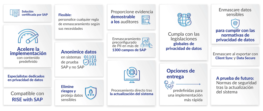Solución certificada por SAP.Acelere la implementación con contenido predefinido.Especialistas dedicados en privacidad de datos.Compatible con RISE with SAP.Flexible: personalice cualquier regla de enmascaramiento según sus necesidades.Anonimice datos en sistemas de prueba SAP y no SAP Elimine riesgos y proteja datos sensibles.Proporcione evidencia demostrable a los auditores Enmascaramiento preconfigurado de PII en más de 1300 campos de SAP.Procesamiento directo tras la actualización del sistema.Cumpla con las legislaciones globales de privacidad de datos Opciones de entrega predefinidas para una implementación más rápida Enmascare datos sensibles para cumplir con las normativas de privacidad de datos.Enmascare al exportar con Client Sync y Data Secure.A prueba de futuro: Normas de seguridad tras la actualización del sistema