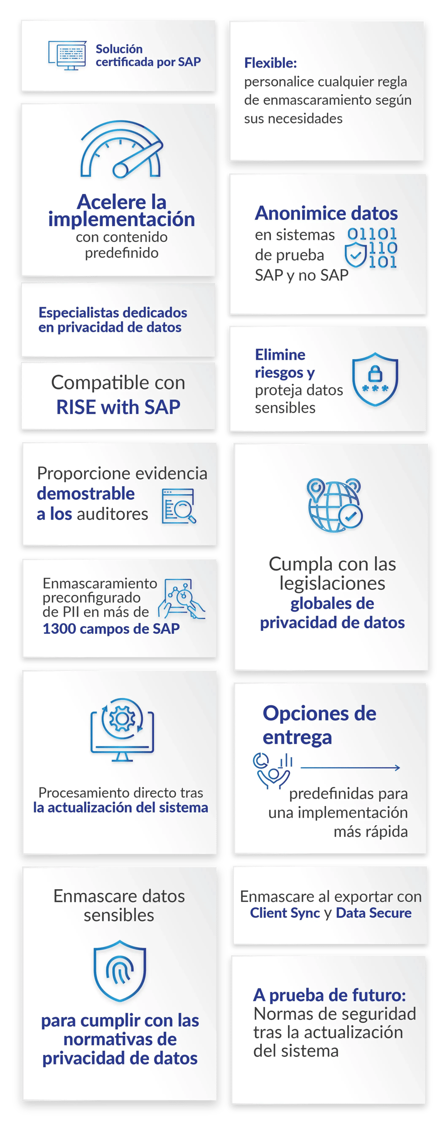 Solución certificada por SAP.Acelere la implementación con contenido predefinido.Especialistas dedicados en privacidad de datos.Compatible con RISE with SAP.Flexible: personalice cualquier regla de enmascaramiento según sus necesidades.Anonimice datos en sistemas de prueba SAP y no SAP	Elimine riesgos y proteja datos sensibles.Proporcione evidencia demostrable a los auditores	Enmascaramiento preconfigurado de PII en más de 1300 campos de SAP.Procesamiento directo tras la actualización del sistema.Cumpla con las legislaciones globales de privacidad de datos	Opciones de entrega predefinidas para una implementación más rápida	Enmascare datos sensibles para cumplir con las normativas de privacidad de datos.Enmascare al exportar con Client Sync y Data Secure.A prueba de futuro: Normas de seguridad tras la actualización del sistema