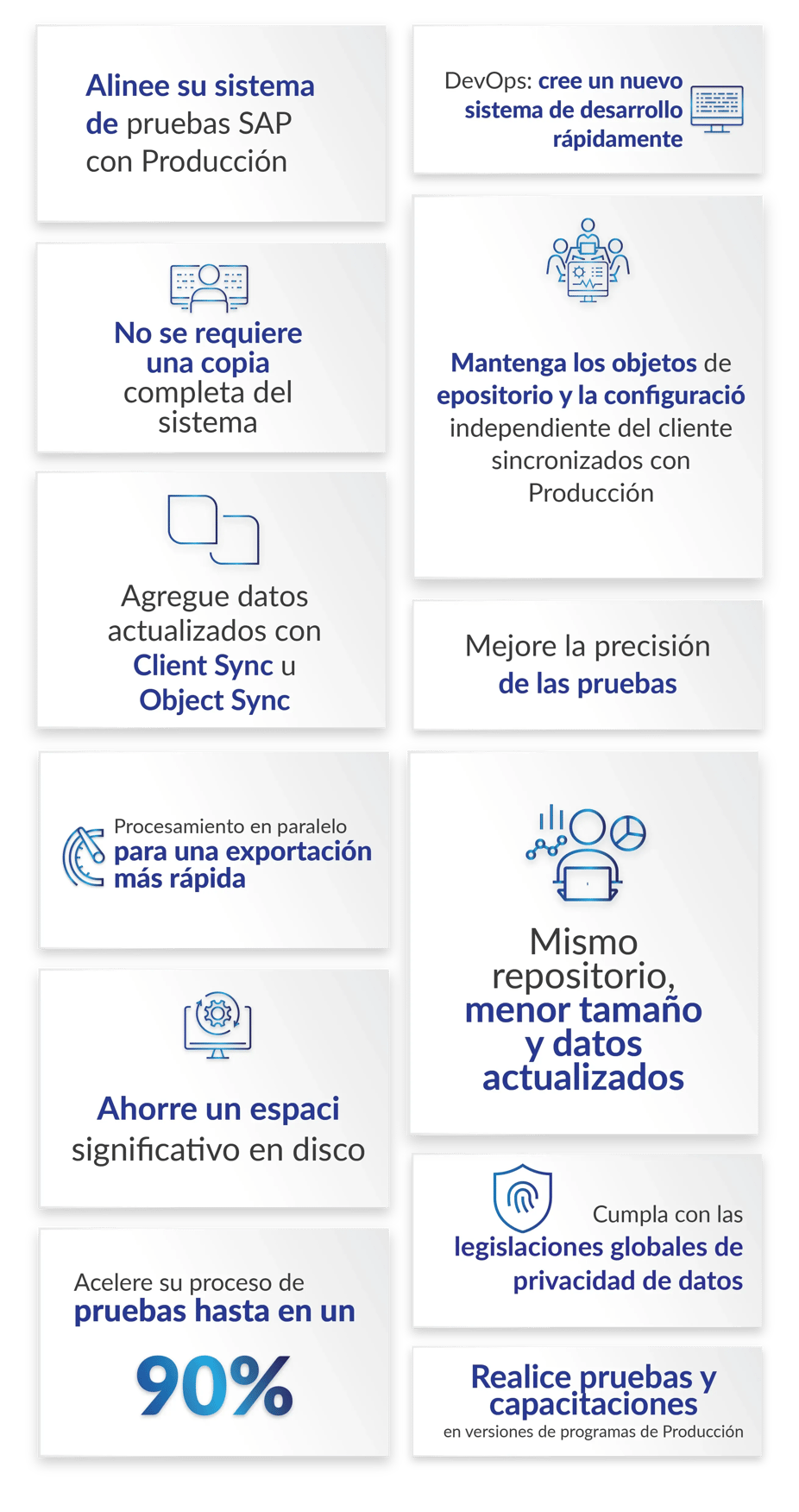 Alinee su sistema de pruebas SAP con Producción.No se requiere una copia completa del sistema.Agregue datos actualizados con Client Sync u Object Sync.DevOps: cree un nuevo sistema de desarrollo rápidamente.Mantenga los objetos de repositorio y la configuración independiente del cliente sincronizados con Producción.Mejore la precisión de las pruebas Procesamiento en paralelo para una exportación más rápida.Ahorre un espacio significativo en disco.Acelere su proceso de pruebas hasta en un 90%.Mismo repositorio, menor tamaño y datos actualizados.Cumpla con las legislaciones globales de privacidad de datos.Realice pruebas y capacitaciones en versiones de programas de Producción