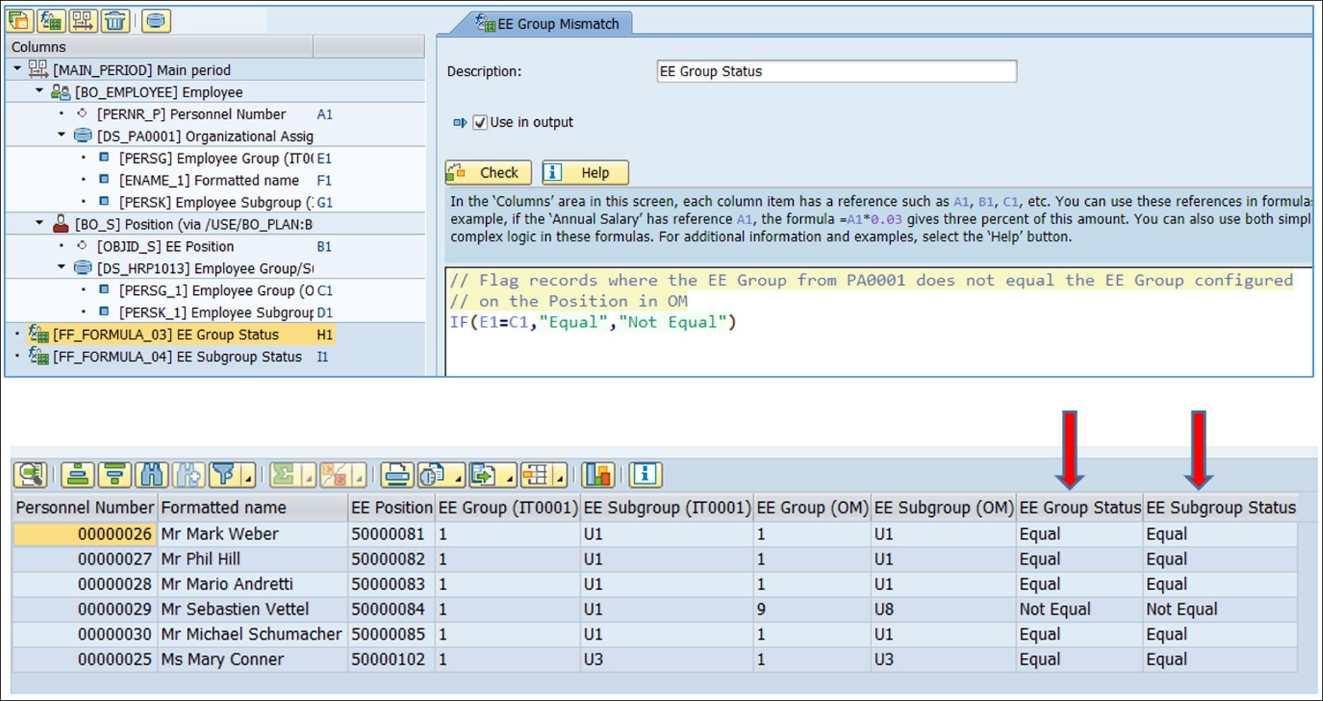 This formula will highlight when two fields from different parts of SAP do not equal each other