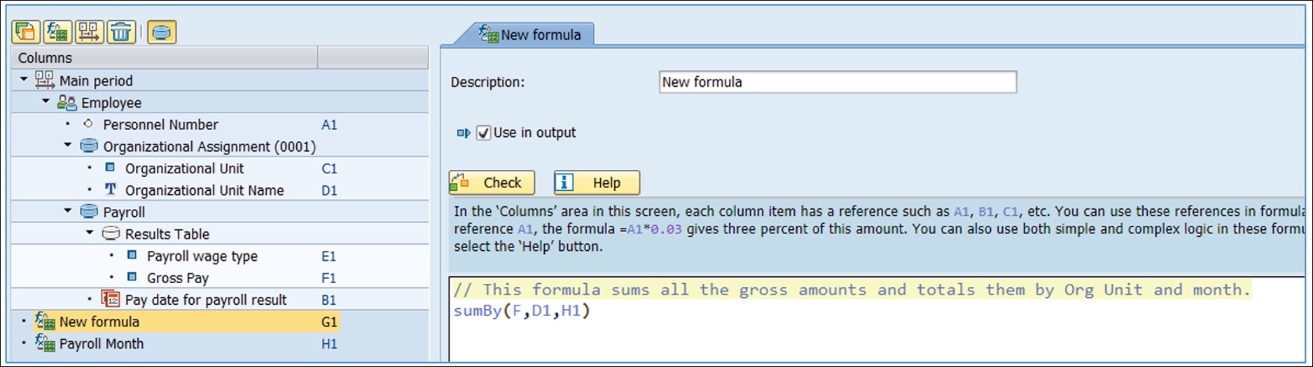 The second formula creates the total gross pay, subtotaled by Org Unit and by month. Also, this formula is using the output of the earlier formula as one of its parameters. Query Manager knows to execute the first formula before the second