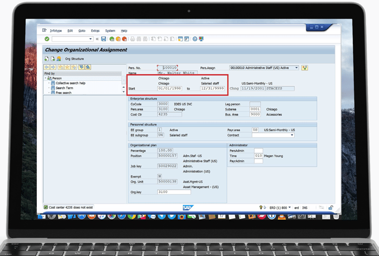 Reporting past and current employee data on a single line