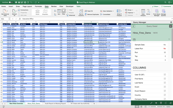 Grâce au plug-in Microsoft de Query Manager, vous pouvez rafraîchir, analyser, partager et présenter vos données critiques SAP HCM en direct dans Microsoft Excel