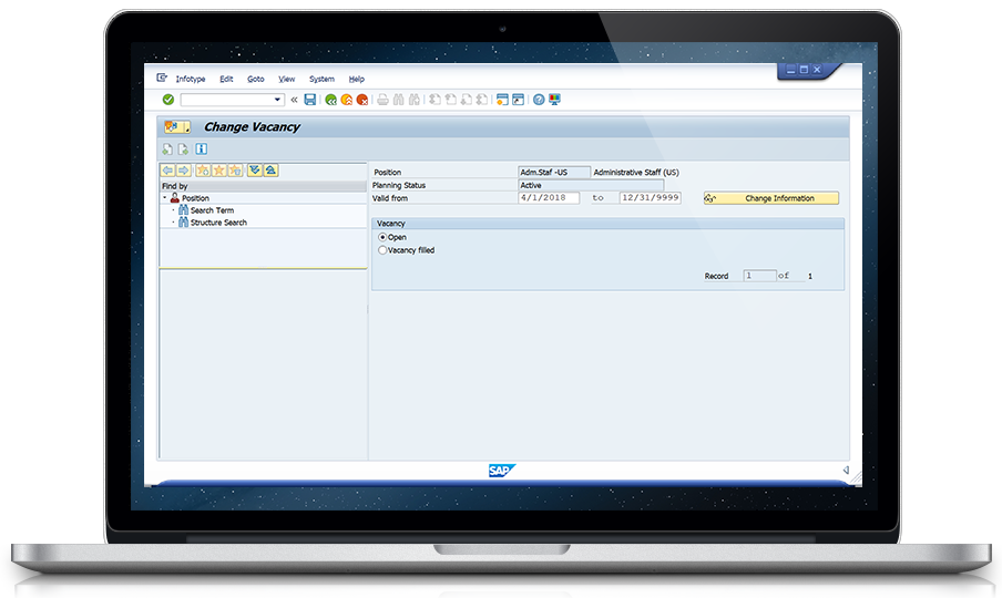 create an ABAP program that locates and identifies any position that does not have a holder attached to it (A 008 relationship between S and a P objects) and that also does not have the vacancy flag set as vacant on the Vacancy infotype 1007, and delimits them accordingly.